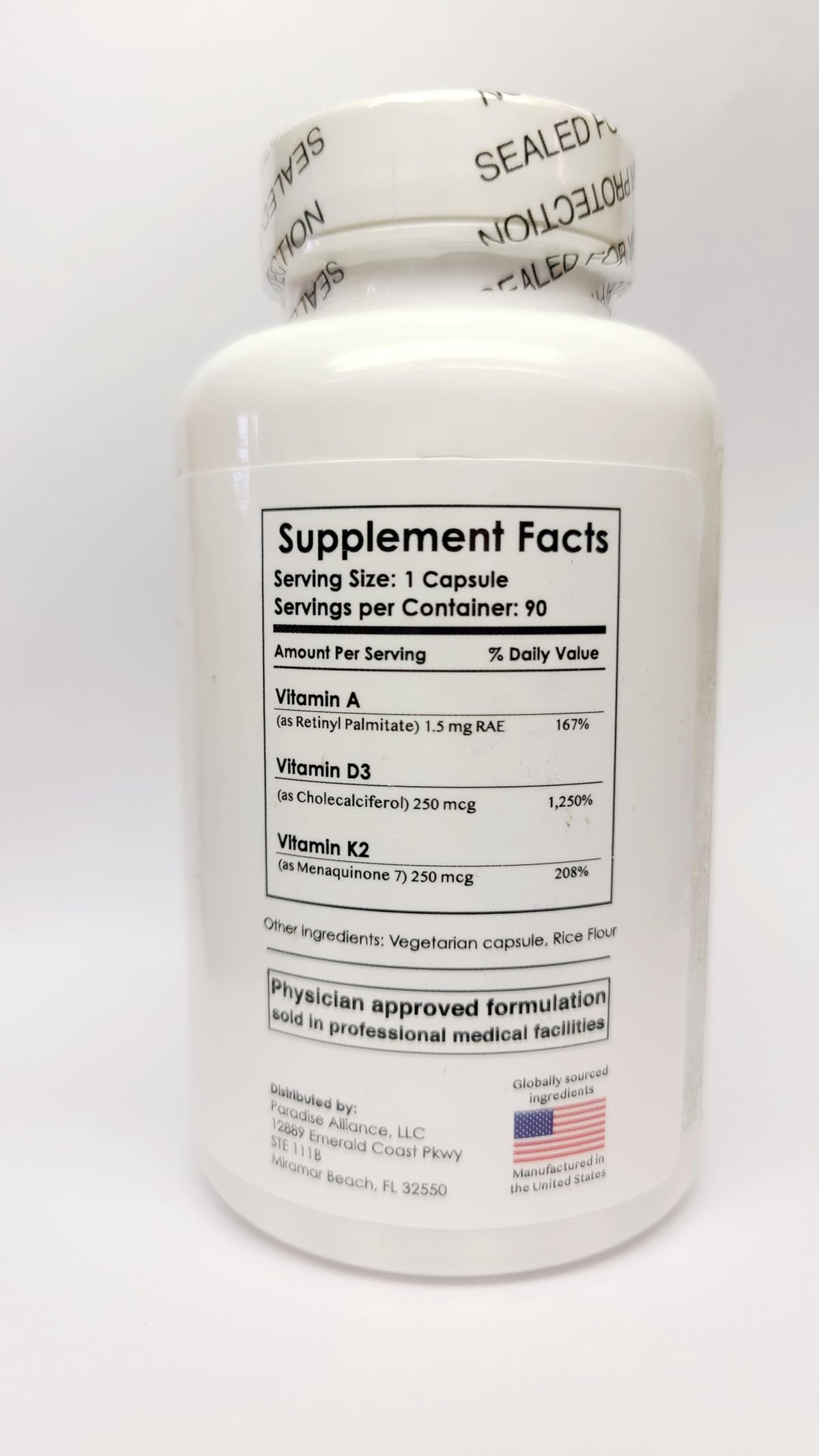 Vue arrière du flacon de Doctor C's Preferred ADK 10 montrant les ingrédients