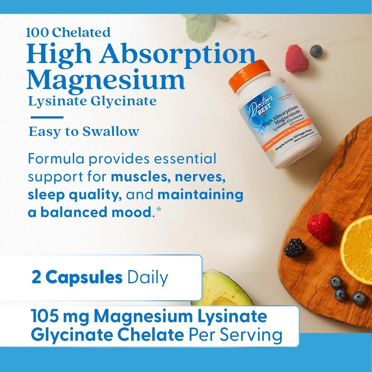 Vue arrière du flacon de Doctor's BEST Magnésium Glycinate