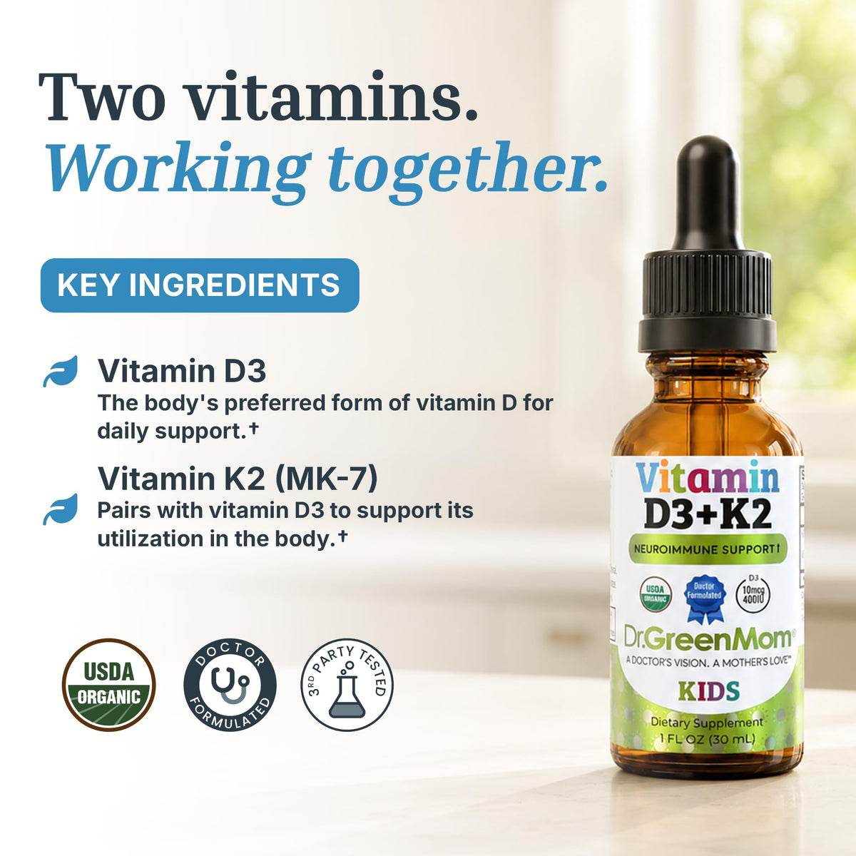 Vue arrière du flacon de Dr. Green Mom Gouttes de Vitamine D3 K2 Bio