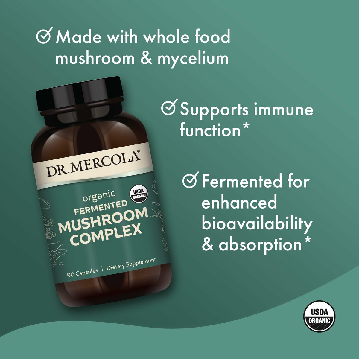 Vue arrière du flacon de Dr. Mercola Complexe de Champignons Fermentés Bio