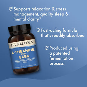 Vue arrière du flacon de Dr. Mercola L-Theanine Plus GABA