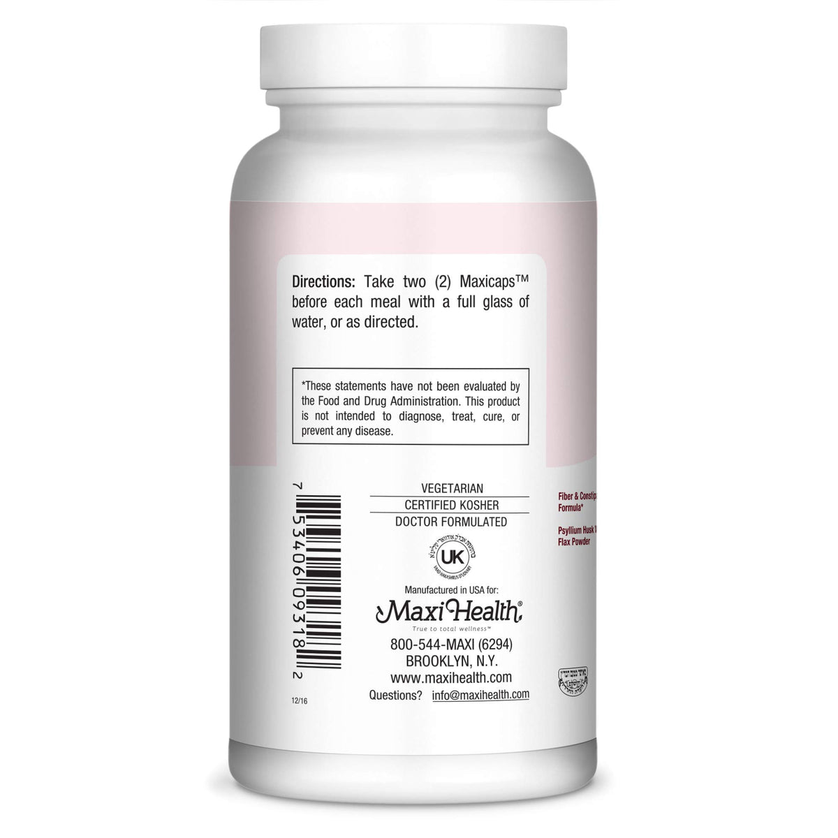 Vue arrière du flacon de fibres psyllium Maxi Health