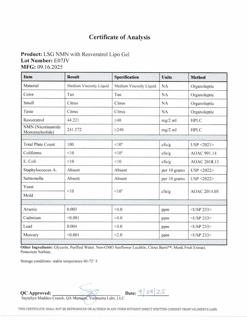 Vue arrière du flacon de Gel LIPO NMN 150 mL
