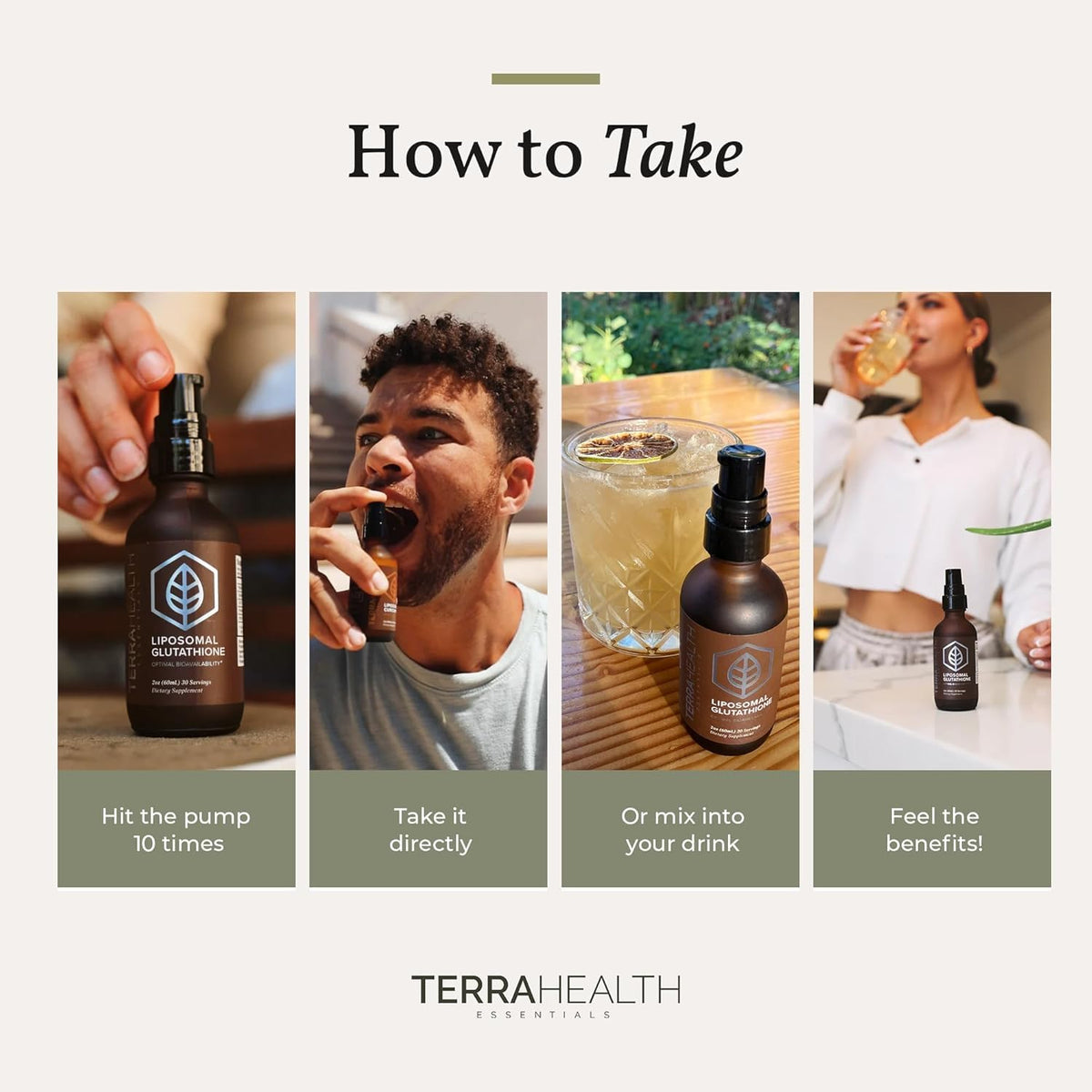 Vue arrière du flacon de Glutathione Liposomal Terra Health Essentials