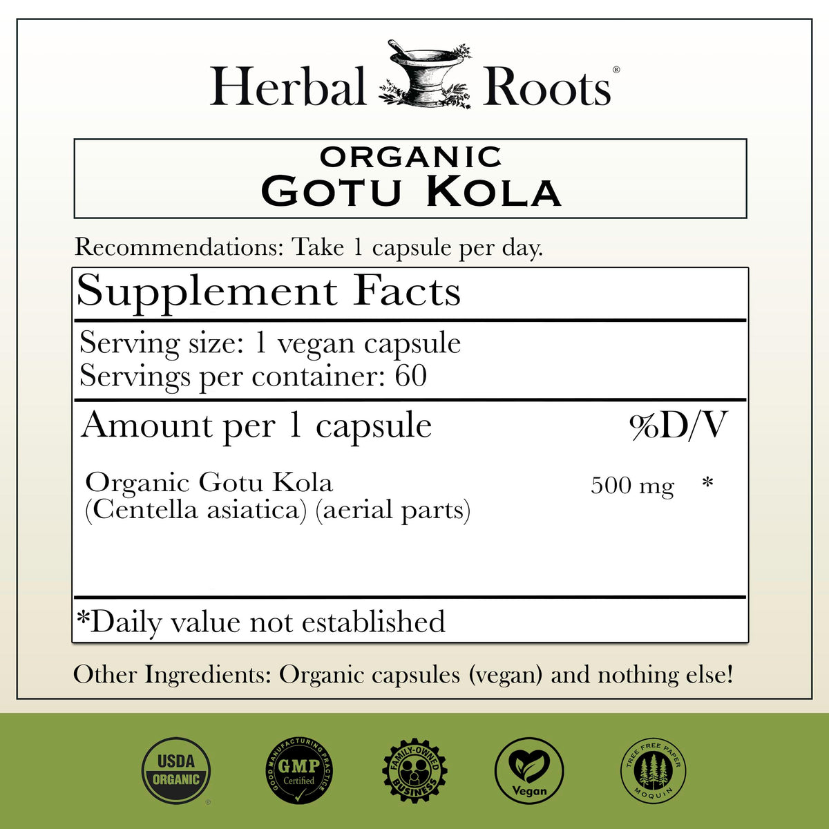 Vue arrière du flacon de Gotu Kola Herbal Roots