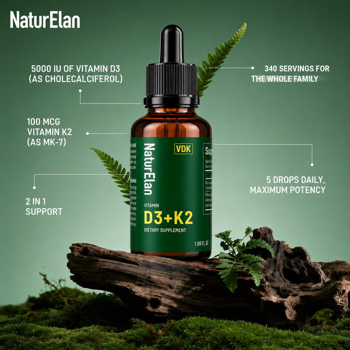 Vue arrière du flacon de Gouttes de Vitamine D3 et K2