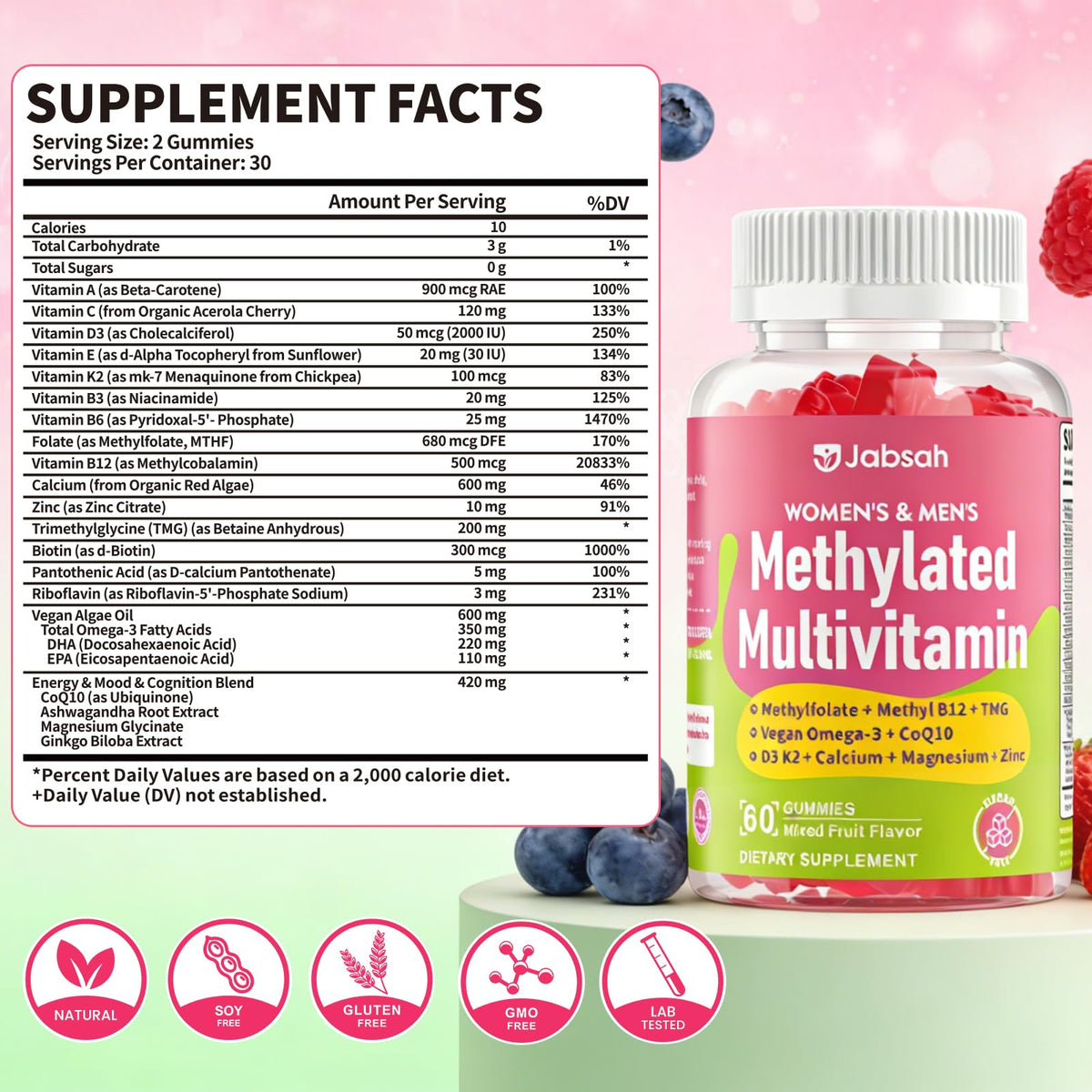 Vue arrière du flacon de gummies multivitamines Jabsah