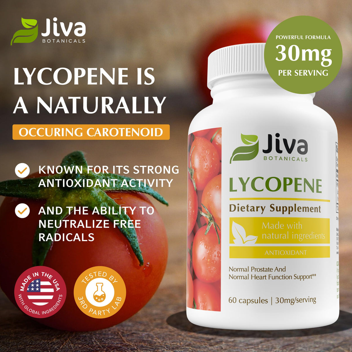 Vue arrière du flacon de Jiva Botanicals Lycopène 30mg