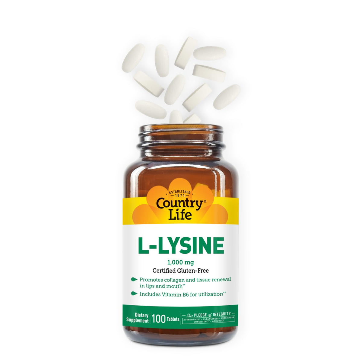 Vue arrière du flacon de L-Lysine 1000mg de Country Life