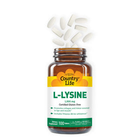 Vue arrière du flacon de L-Lysine 1000mg de Country Life