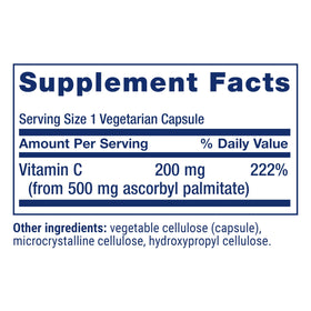 Vue arrière du flacon de Life Extension Ascorbyl Palmitate 500mg