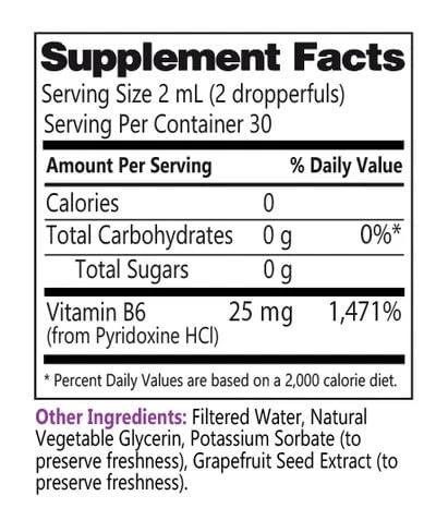 Vue arrière du flacon de Life Solutions B6 liquide 25 mg