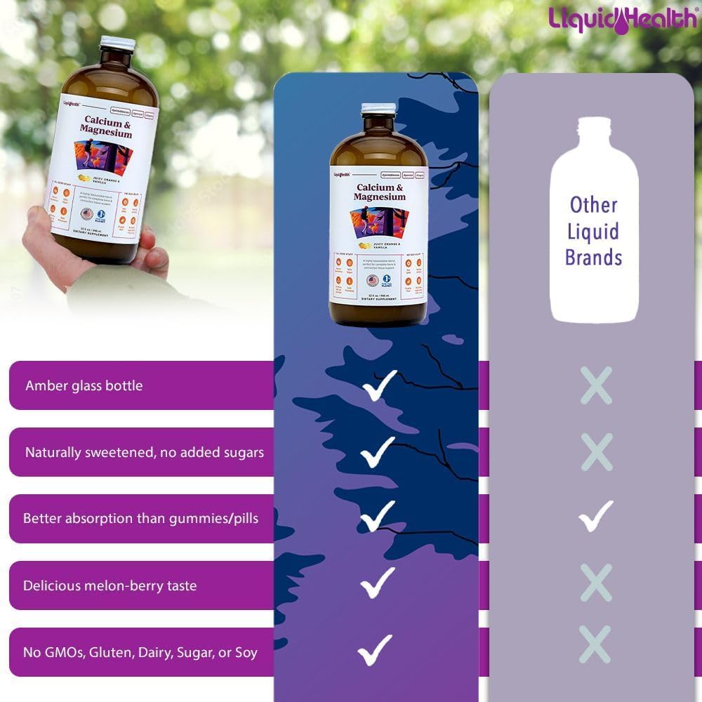 Vue arrière du flacon de LIQUIDHEALTH Calcium & Magnésium