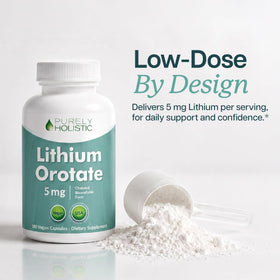 Vue arrière du flacon de Lithium Orotate 5 mg Purely Holistic