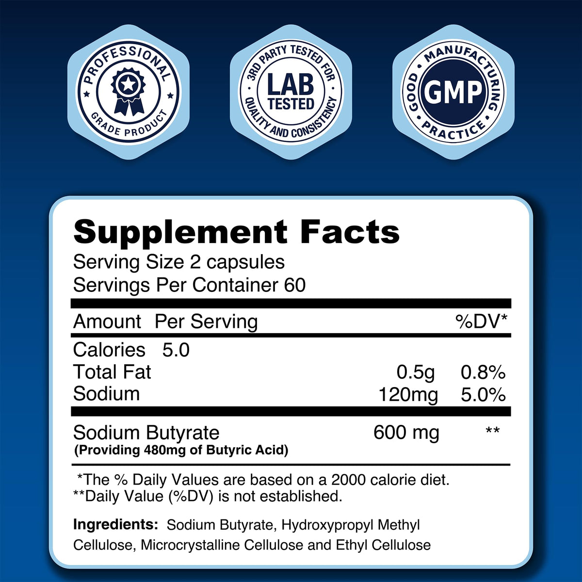 Vue arrière du flacon de LongJuvity Labs Butyrate de Sodium