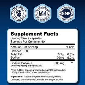 Vue arrière du flacon de LongJuvity Labs Butyrate de Sodium