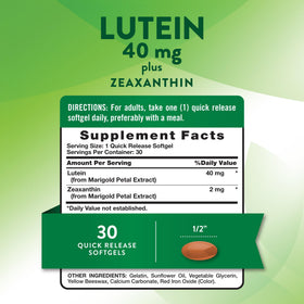 Vue arrière du flacon de Luteine Nature's Truth avec ingrédients listés