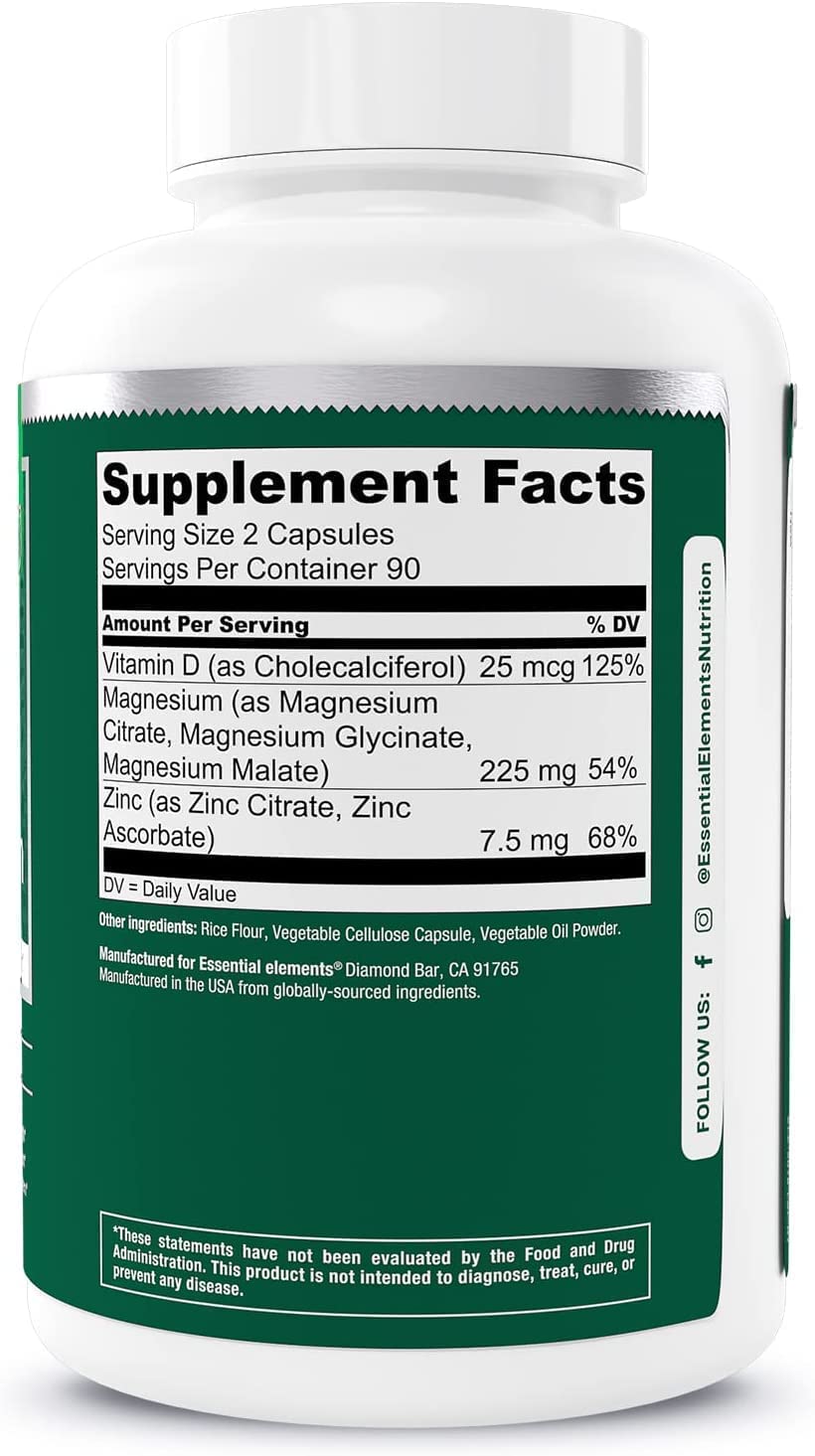 Vue arrière du flacon de magnésium et zinc Essential Elements
