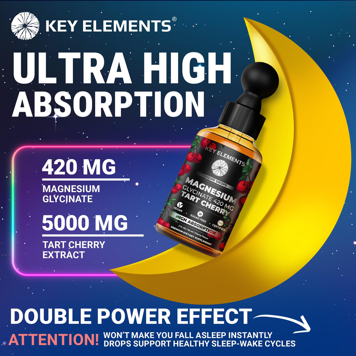 Vue arrière du flacon de magnésium glycinate liquide KEY ELEMENTS