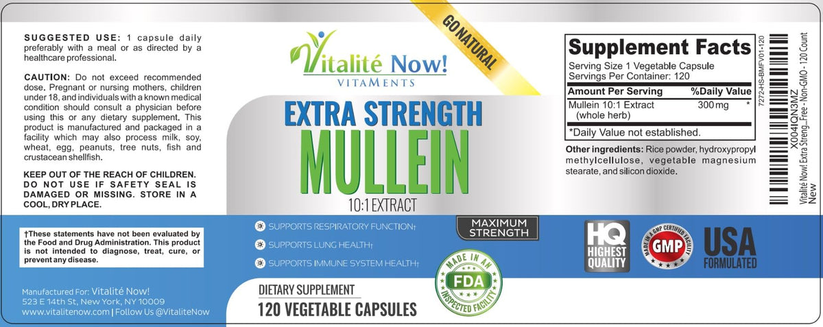 Vue arrière du flacon de Mullein Vitalité Now!