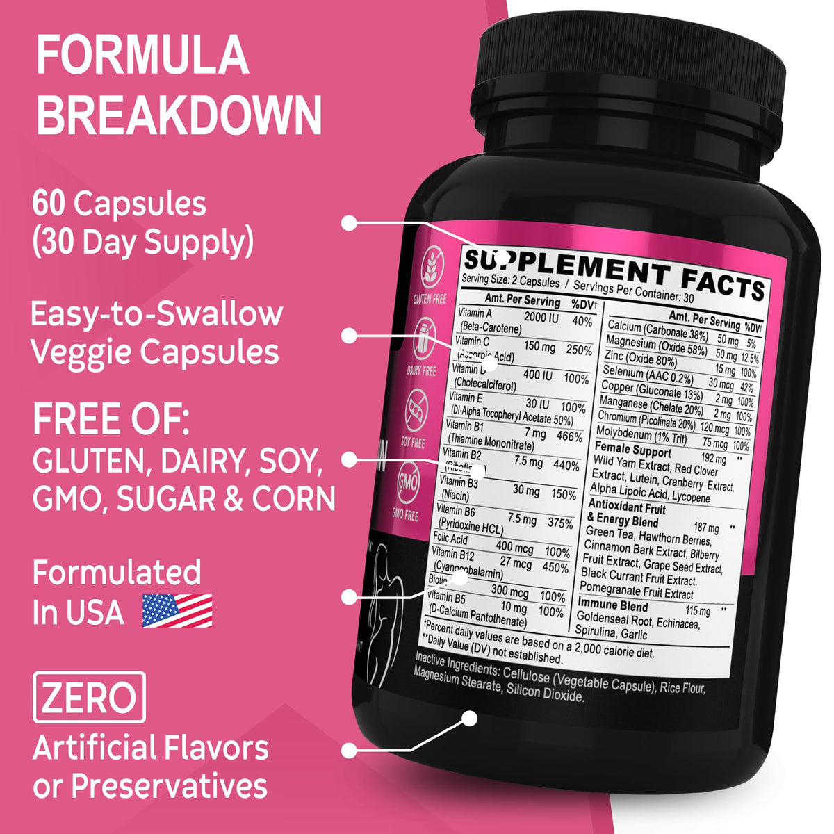 Vue arrière du flacon de multivitamines DR. BO pour femmes