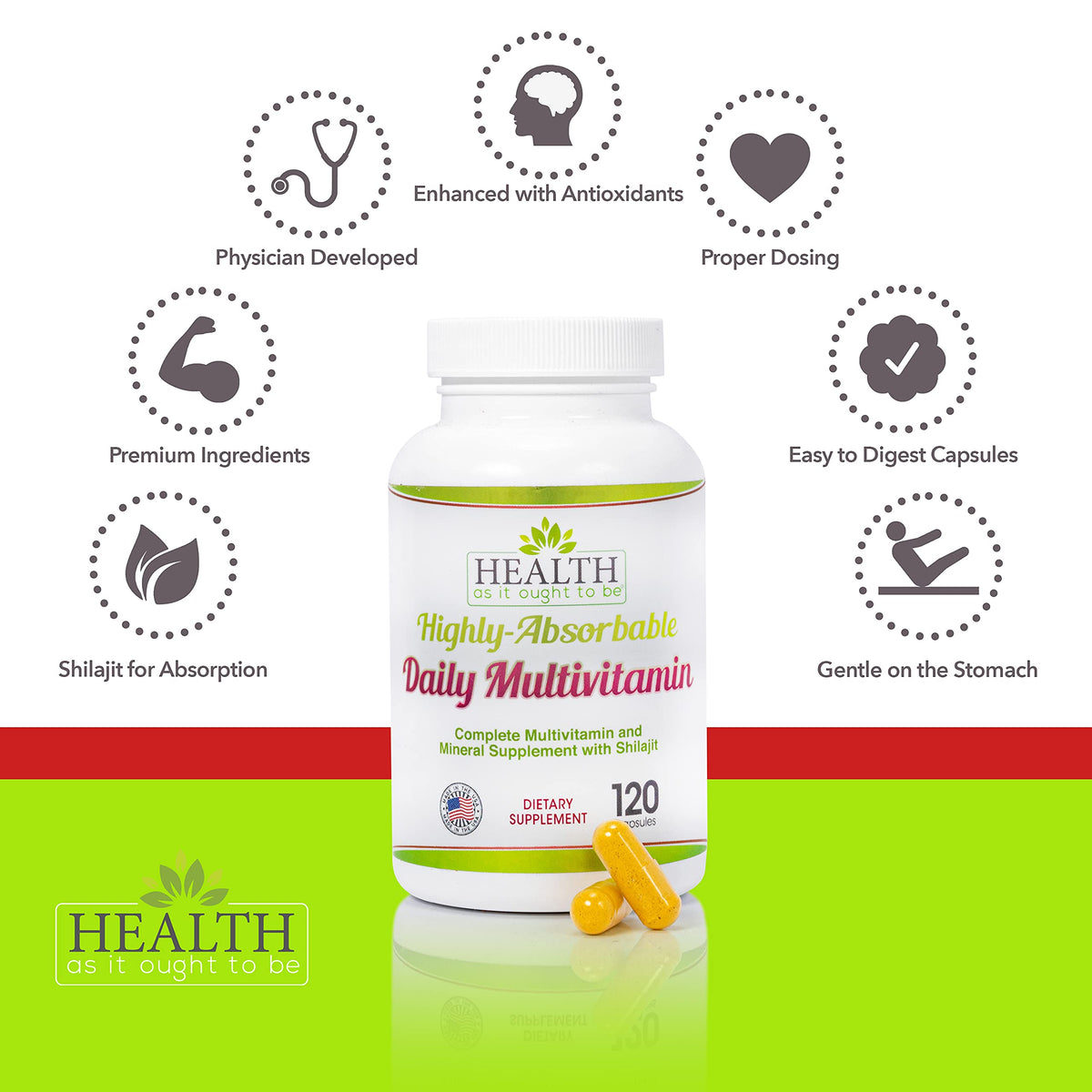 Vue arrière du flacon de multivitamines Health As It Ought To Be