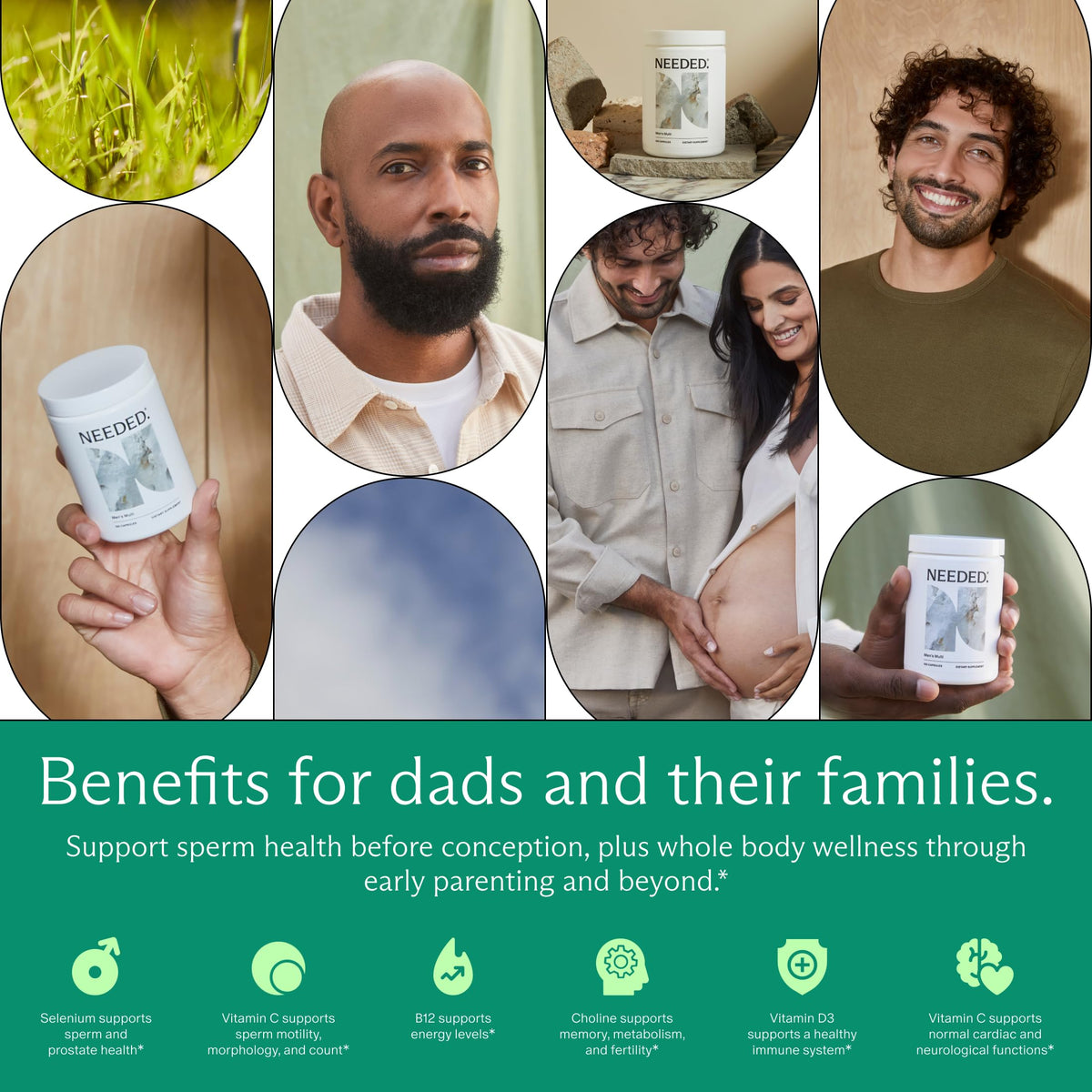 Vue arrière du flacon de multivitamines Needed. pour hommes