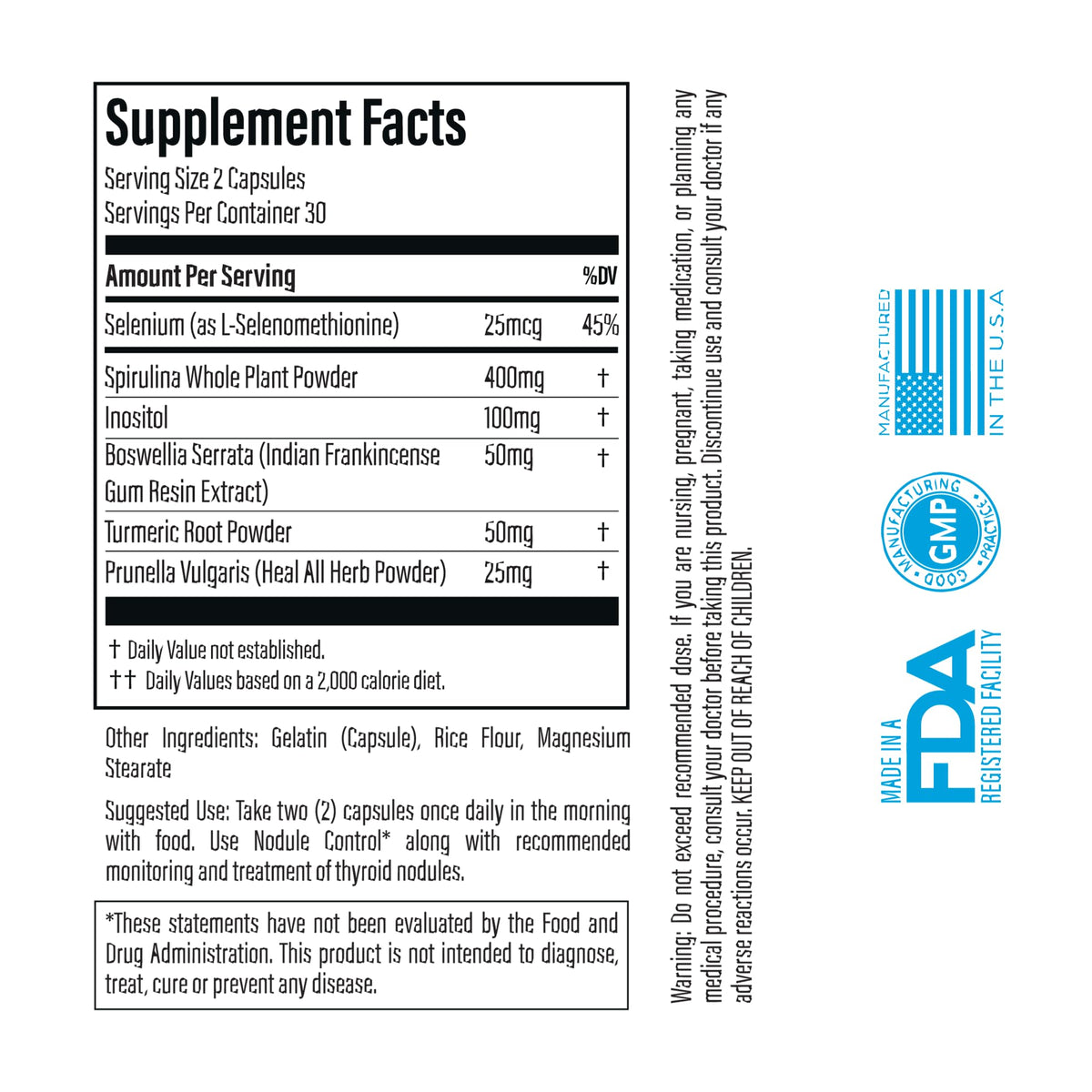 Vue arrière du flacon de Nodule Control avec informations nutritionnelles