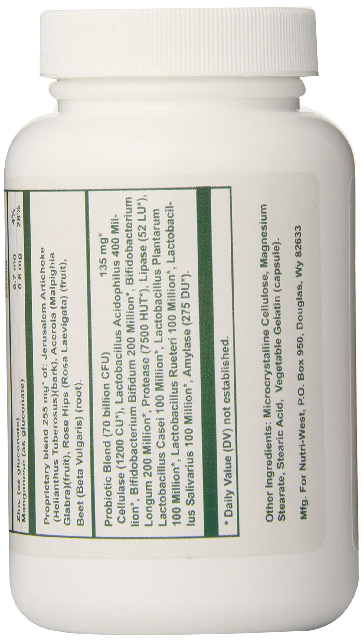 Vue arrière du flacon de nutri-west Total Probiotics 120 capsules