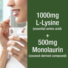 Vue arrière du flacon de Peak Performance L Lysine 1000mg + Monolaurin 500mg