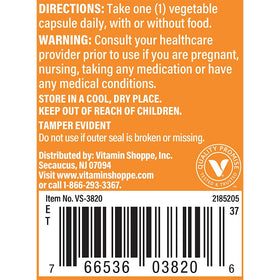 Vue arrière du flacon de probiotiques The Vitamin Shoppe avec informations nutritionnelles