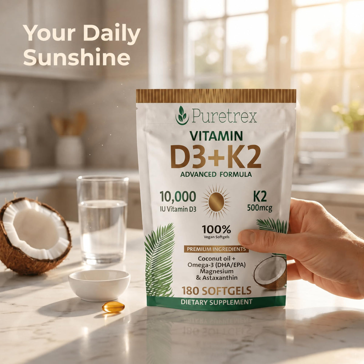 Vue arrière du flacon de PURETREX Vitamine D3 K2