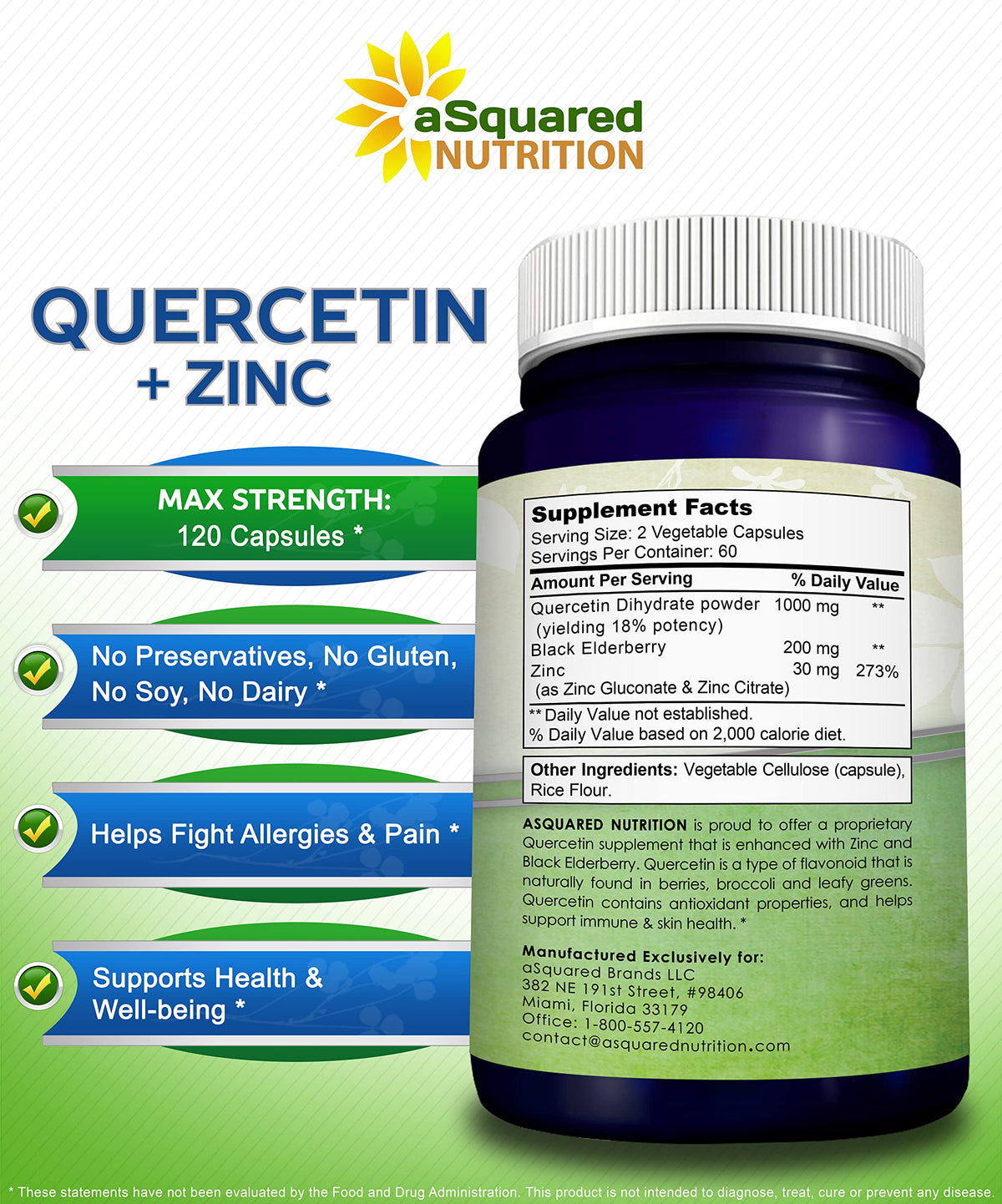 Vue arrière du flacon de Quercétine avec Zinc aSquared Nutrition