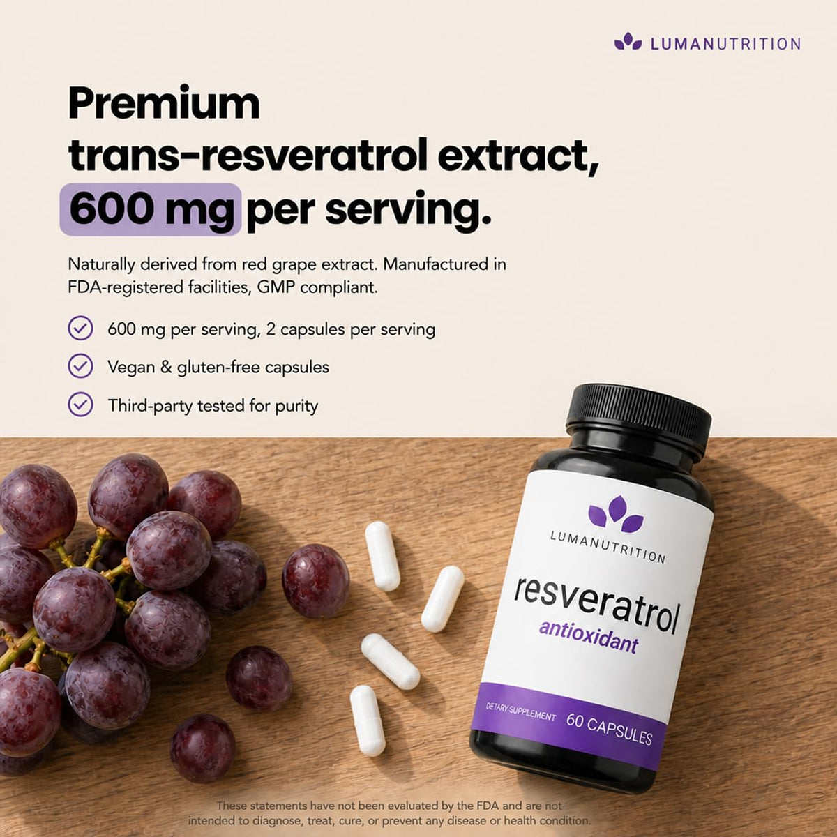 Vue arrière du flacon de resvératrol Luma Nutrition 600mg