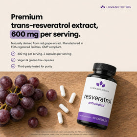 Vue arrière du flacon de resvératrol Luma Nutrition 600mg