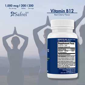 Vue arrière du flacon de Safrel B12 avec informations nutritionnelles