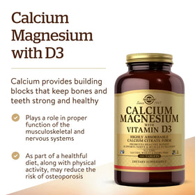 Vue arrière du flacon de Solgar Calcium Magnésium avec Vitamine D3