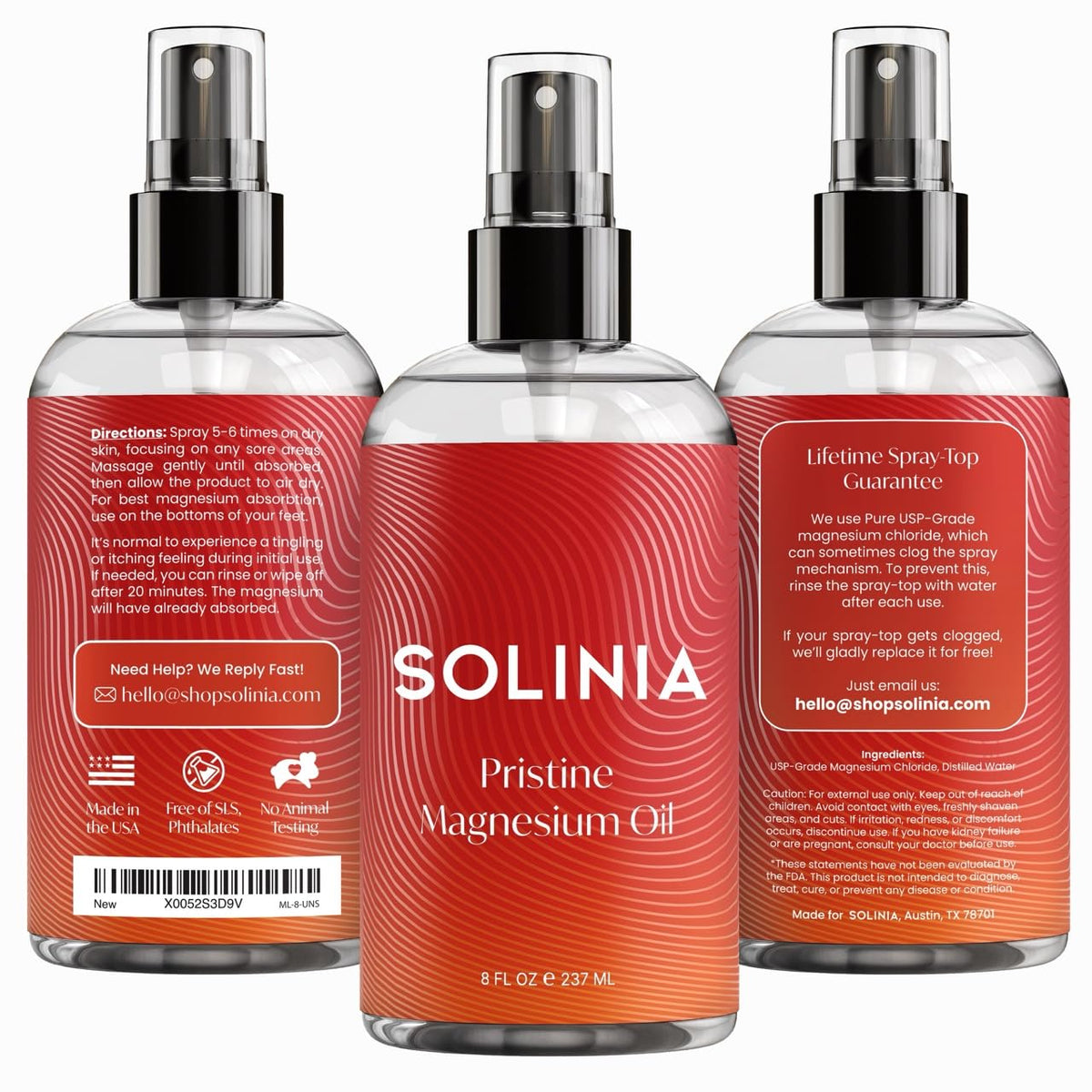 Vue arrière du flacon de spray d'huile de magnésium Solinia