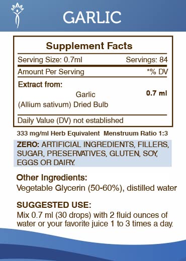 Vue arrière du flacon de teinture d'ail montrant les informations nutritionnelles