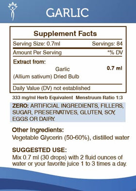 Vue arrière du flacon de teinture d'ail montrant les informations nutritionnelles
