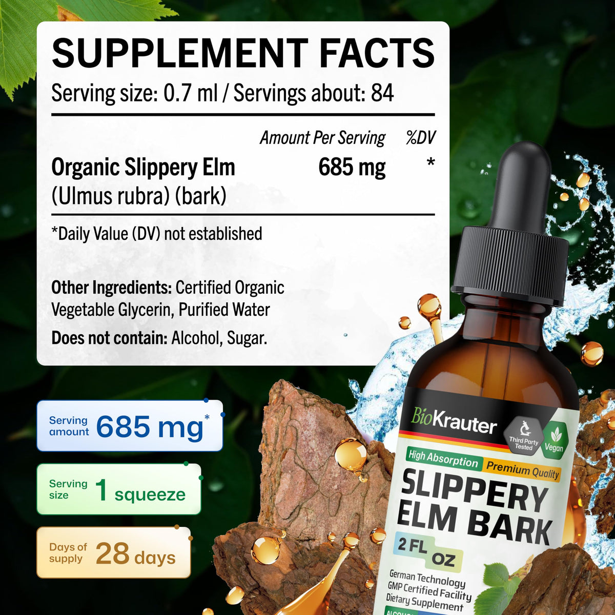 Vue arrière du flacon de teinture d'écorce de slippery elm BIO KRAUTER