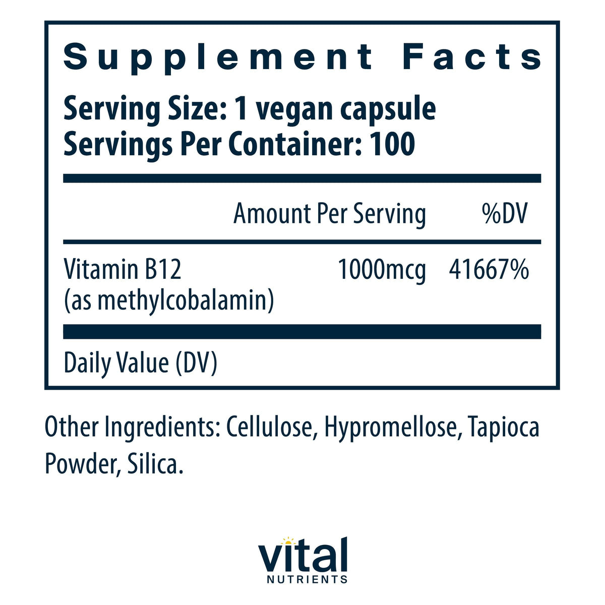 Vue arrière du flacon de Vitamine B12 1 000 mcg de Vital Nutrients