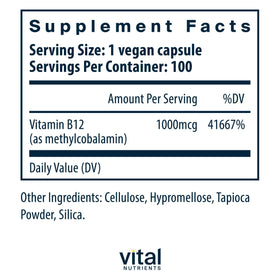 Vue arrière du flacon de Vitamine B12 1 000 mcg de Vital Nutrients