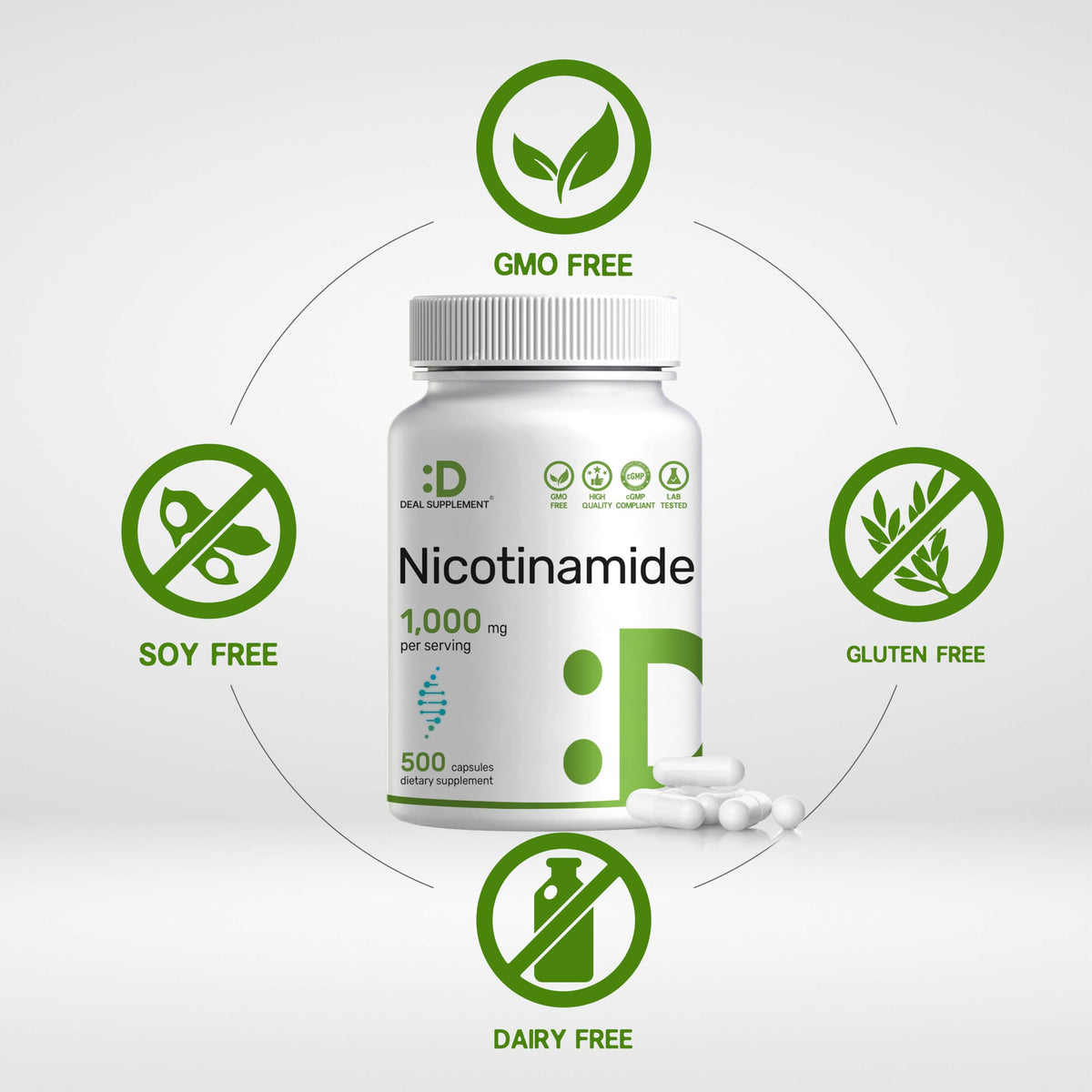 Vue arrière du flacon de Vitamine B3 Nicotinamide DEAL SUPPLEMENT