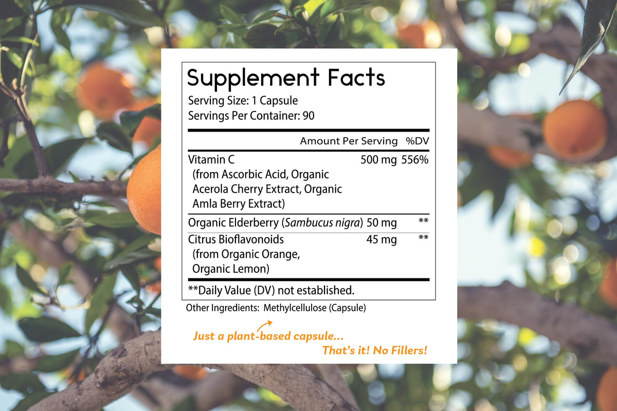 Vue arrière du flacon de vitamine C avec sureau bio