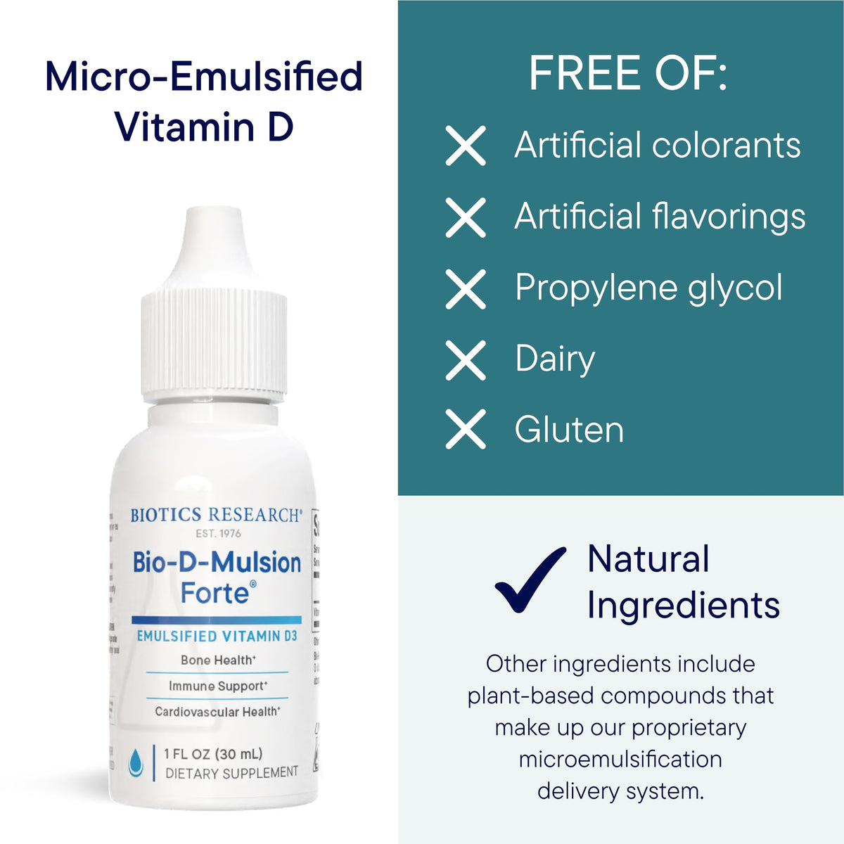 Vue arrière du flacon de vitamine D3 Bio-D-Mulsion Forte