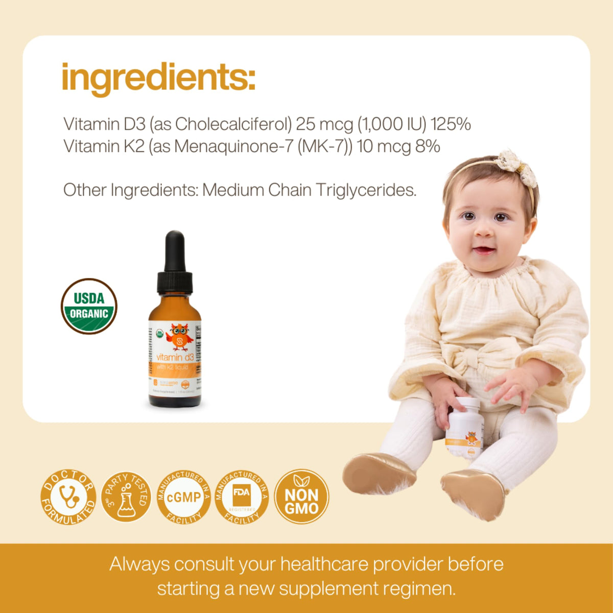 Vue arrière du flacon de Vitamine D3 K2 liquide Serawise
