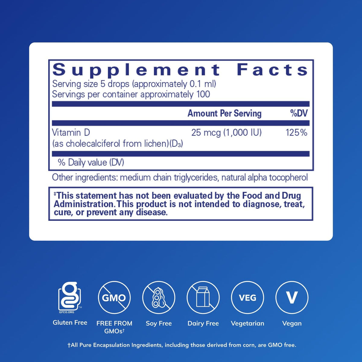 Vue arrière du flacon de Vitamine D3 liquide Vegan Pure Encapsulations