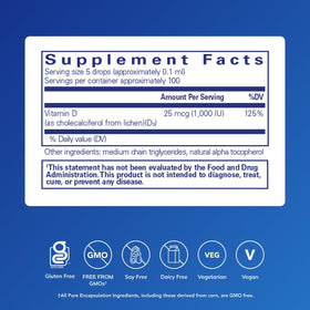 Vue arrière du flacon de Vitamine D3 liquide Vegan Pure Encapsulations