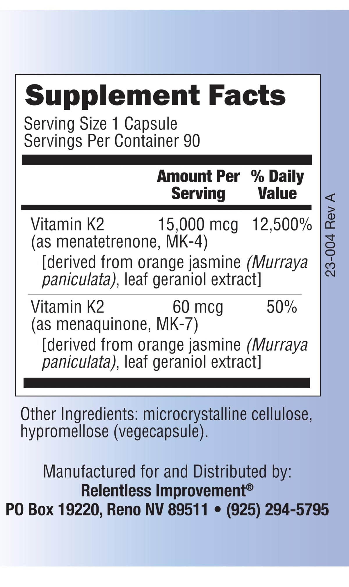 Vue arrière du flacon de Vitamine K2 MK4 et MK7 avec informations sur la composition
